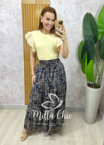 Saia longa Amélia em viscolinho - azul marinho estampado - Milla Chic