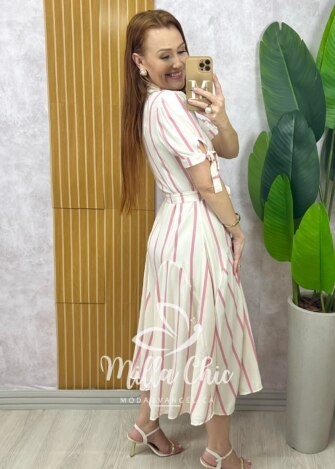 Vestido Chemise Débora em viscolinho listrado rose - Milla Chic