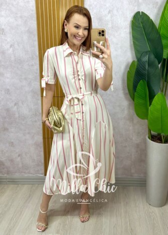 Vestido Chemise Débora em viscolinho listrado rose - Milla Chic