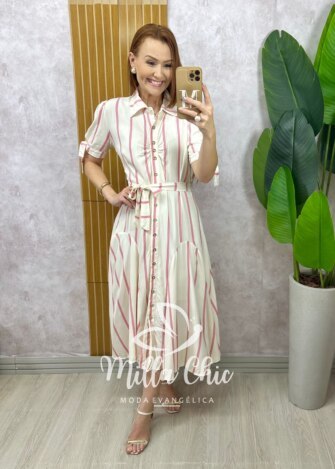 Vestido Chemise Débora em viscolinho listrado rose - Milla Chic