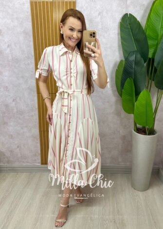 Vestido Chemise Débora em viscolinho listrado rose - Milla Chic