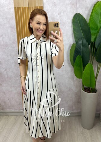Vestido Chemise Débora em viscolinho listrado preto - Milla Chic