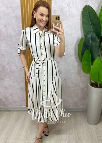 Vestido Chemise Débora em viscolinho listrado preto - Milla Chic