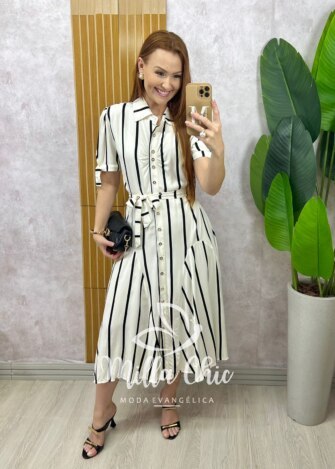 Vestido Chemise Débora em viscolinho listrado preto - Milla Chic