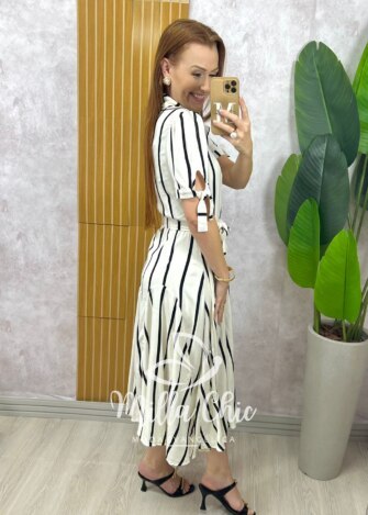 Vestido Chemise Débora em viscolinho listrado preto - Milla Chic