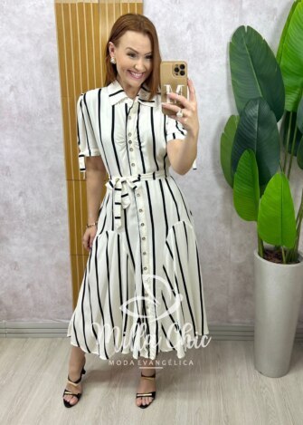 Vestido Chemise Débora em viscolinho listrado preto - Milla Chic