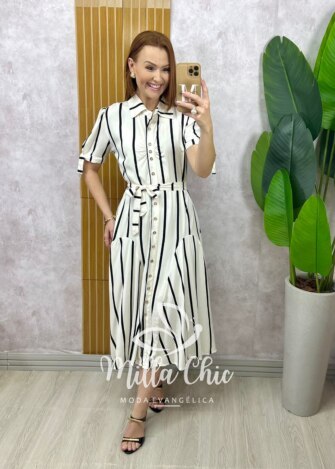 Vestido Chemise Débora em viscolinho listrado preto - Milla Chic