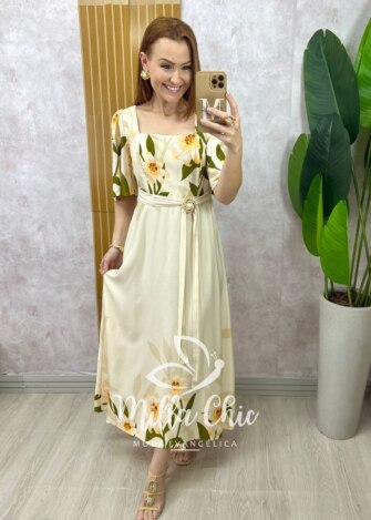 Vestido Lírio  em viscosarja - natural estampado - Milla Chic
