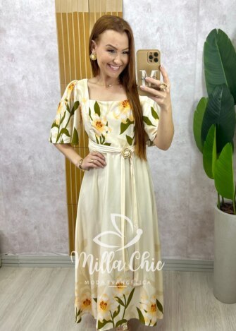 Vestido Lírio  em viscosarja - natural estampado - Milla Chic
