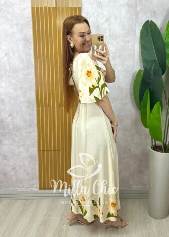 Vestido Lírio  em viscosarja - natural estampado - Milla Chic