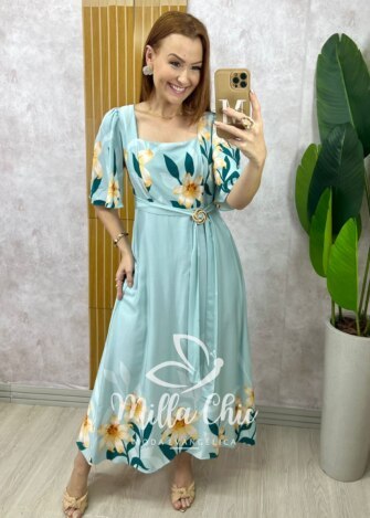 Vestido Lírio  em viscosarja - azul marine estampado - Milla Chic