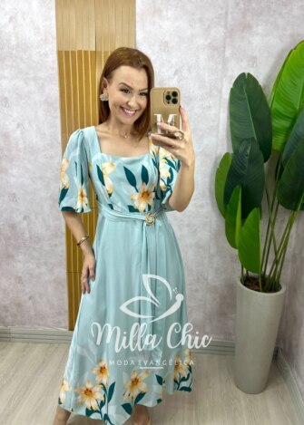 Vestido Lírio  em viscosarja - azul marine estampado - Milla Chic