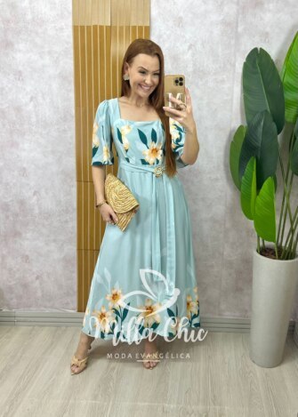 Vestido Lírio  em viscosarja - azul marine estampado - Milla Chic