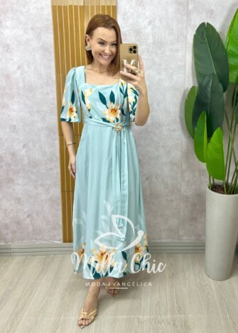 Vestido Lírio  em viscosarja - azul marine estampado - Milla Chic