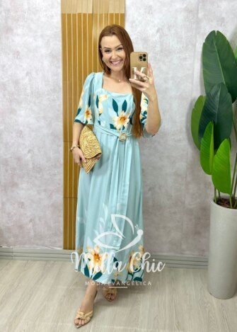 Vestido Lírio  em viscosarja - azul marine estampado - Milla Chic