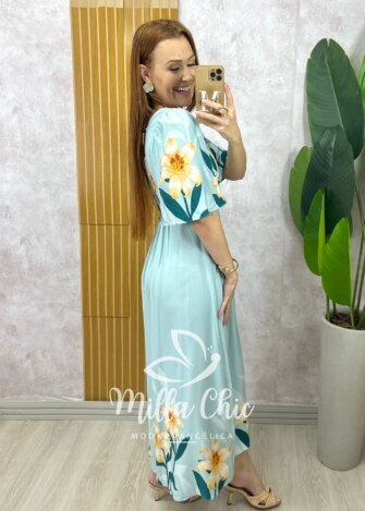 Vestido Lírio  em viscosarja - azul marine estampado - Milla Chic