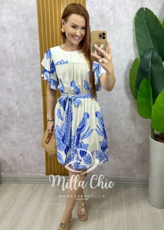 Vestido Naomi  em viscolinho  - natural estampado - Milla Chic