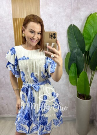 Vestido Naomi  em viscolinho  - natural estampado - Milla Chic