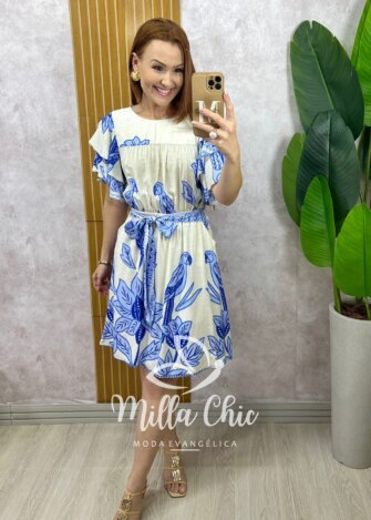 Vestido Naomi  em viscolinho  - natural estampado - Milla Chic