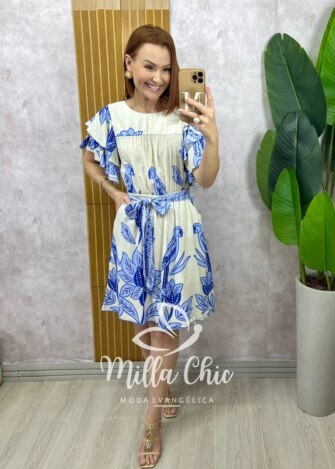 Vestido Naomi  em viscolinho  - natural estampado - Milla Chic