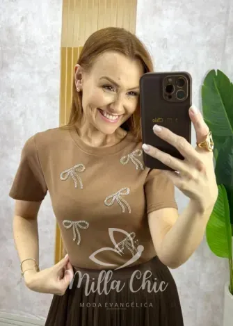 Milla Chic - Blusa Adelina Em Malha Bordada - Cappuccino