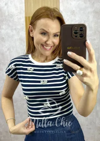 Milla Chic - Blusa Efigênia Em Malha Listrada Bordada