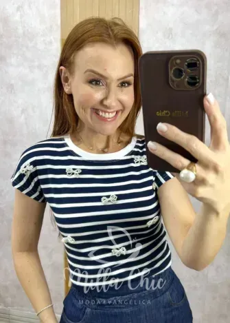 Milla Chic - Blusa Efigênia Em Malha Listrada Bordada