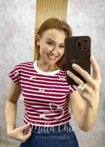 Milla Chic - Blusa Efigênia Em Malha Listrada Bordada - Cherry