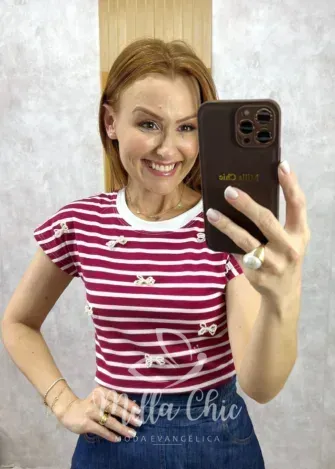 Milla Chic - Blusa Efigênia Em Malha Listrada Bordada - Cherry