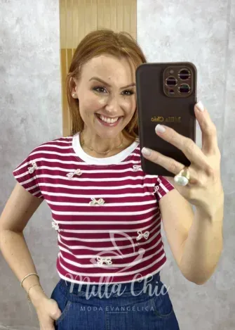 Milla Chic - Blusa Efigênia Em Malha Listrada Bordada - Cherry
