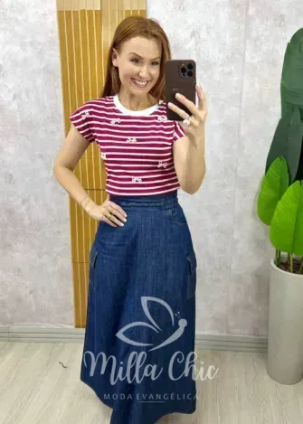 Milla Chic - Blusa Efigênia Em Malha Listrada Bordada - Cherry