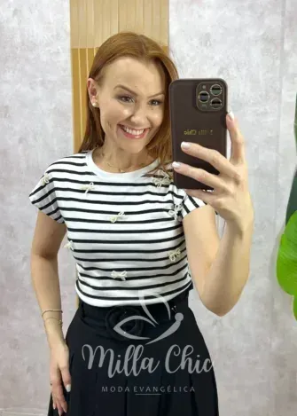 Milla Chic - Blusa Efigênia Em Malha Listrada Bordada - Preta