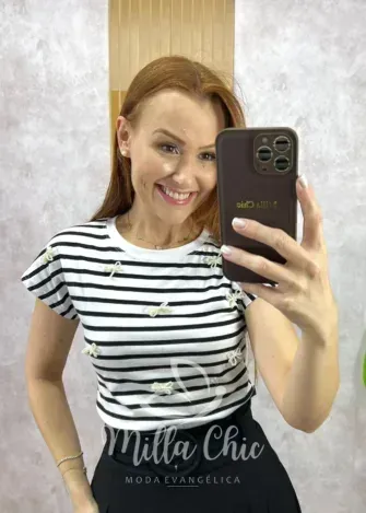 Milla Chic - Blusa Efigênia Em Malha Listrada Bordada - Preta