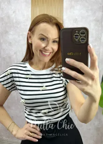 Milla Chic - Blusa Efigênia Em Malha Listrada Bordada - Preta