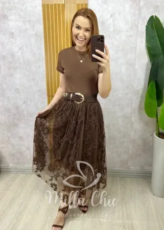 Milla Chic - Blusa Magnólia Em Tule - Marrom