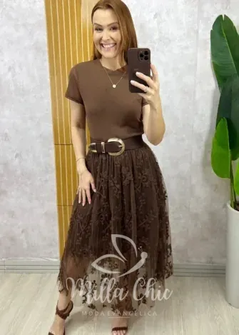 Milla Chic - Blusa Magnólia Em Tule - Marrom