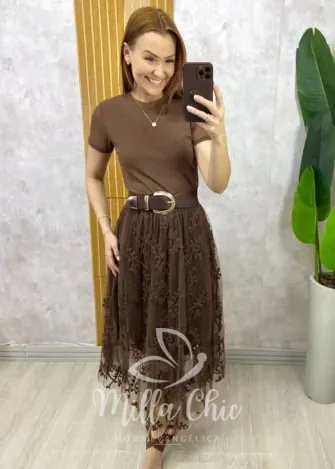 Milla Chic - Blusa Magnólia Em Tule - Marrom