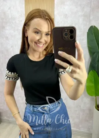 Milla Chic - Blusa Natália Canelada Bordada - Preta