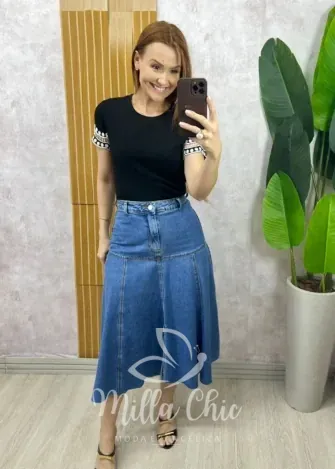 Milla Chic - Blusa Natália Canelada Bordada - Preta