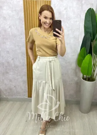 Milla Chic - Blusa Vera Em Malha Algodão Bordada - Cappuccino