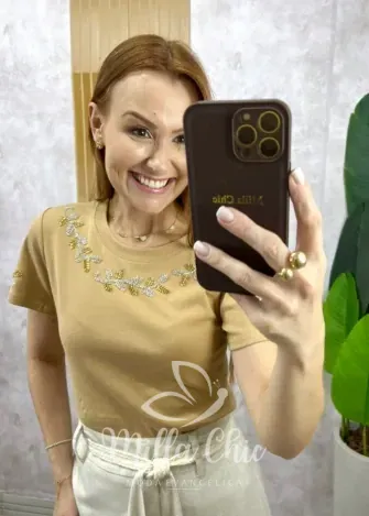 Milla Chic - Blusa Vera Em Malha Algodão Bordada - Cappuccino