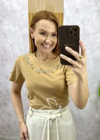 Milla Chic - Blusa Vera Em Malha Algodão Bordada - Cappuccino