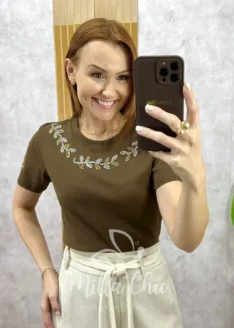 Milla Chic - Blusa Vera Em Malha Algodão Bordada - Castanho
