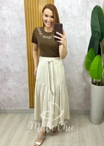 Milla Chic - Blusa Vera Em Malha Algodão Bordada - Castanho