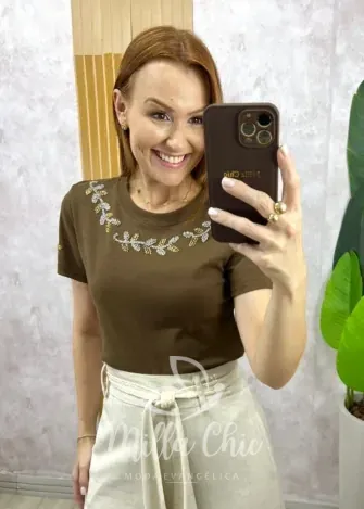 Milla Chic - Blusa Vera Em Malha Algodão Bordada - Castanho