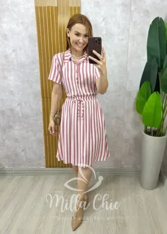 Milla Chic - Conjunto Helô Em Viscolinho Listrado - Rosa