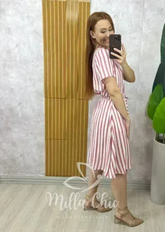 Milla Chic - Conjunto Helô Em Viscolinho Listrado - Rosa