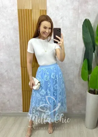 Milla Chic - Saia Celina Em Tule Bordado - Azul
