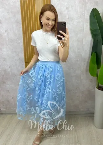 Milla Chic - Saia Celina Em Tule Bordado - Azul