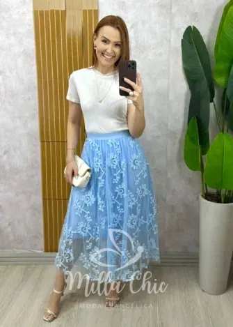 Milla Chic - Saia Celina Em Tule Bordado - Azul